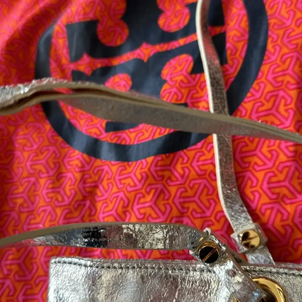 Tory Burch Metallic Silver logo T  tote Shoulder Bag.